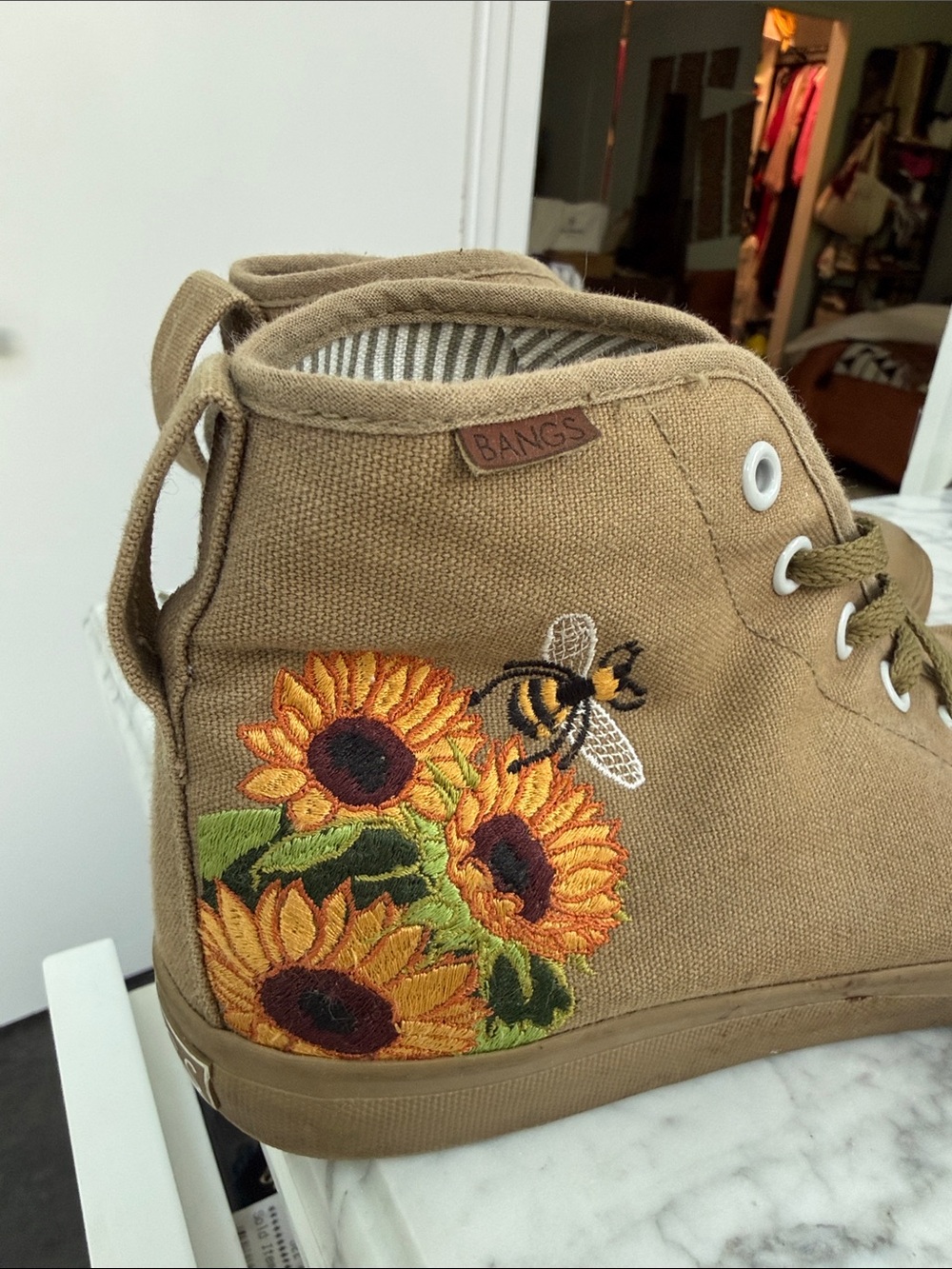 Bangs Canvas High Top Sneakers with Sunflower & Bee Embroidery